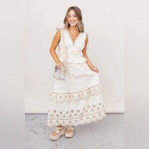 Moon River Cream and Brown Scalloped Dress